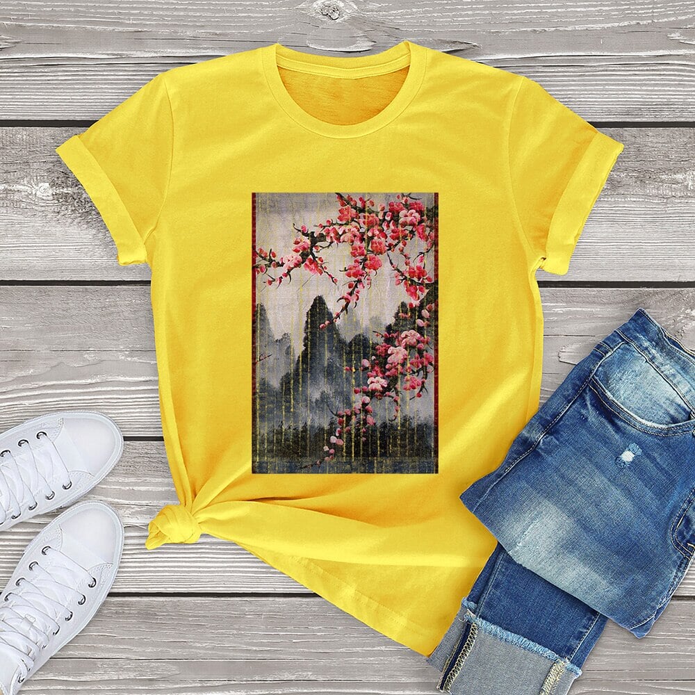 kawaiies-softtoys-plushies-kawaii-plush-Misty mountains with Blushing Cherry Blossom Tee Tops Yellow XS 