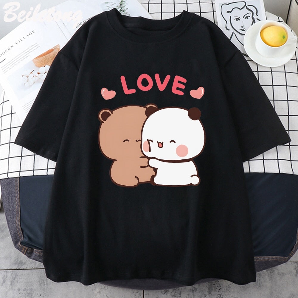 kawaiies-softtoys-plushies-kawaii-plush-Mocha and Tofu Panda Bear Love Tee Apparel Black XS 