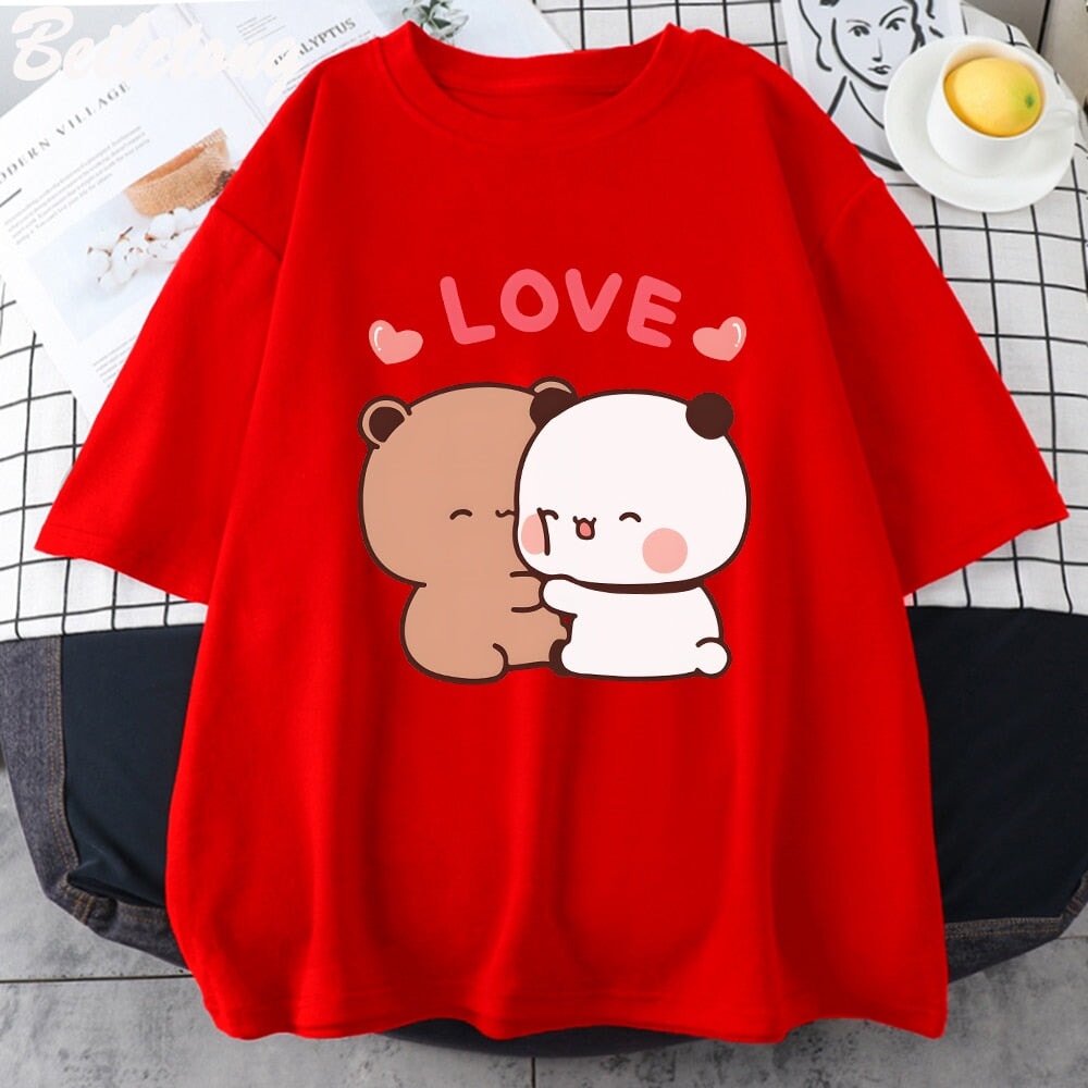 kawaiies-softtoys-plushies-kawaii-plush-Mocha and Tofu Panda Bear Love Tee Apparel Red XS 
