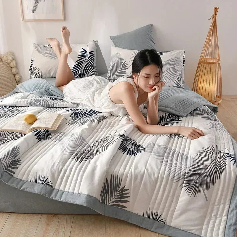 kawaiies-softtoys-plushies-kawaii-plush-Monochrome Palm Leaf Grey Polyester Quilt Blanket Set Home Decor 100x150cm (2pc) 