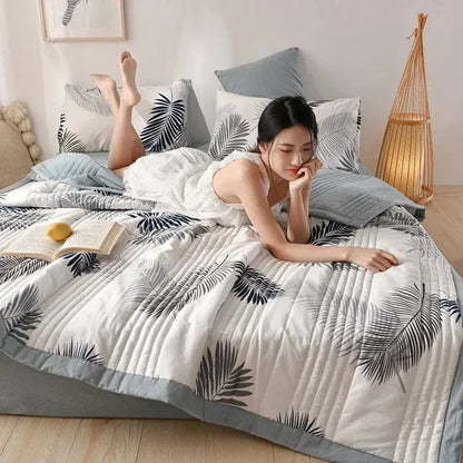 kawaiies-softtoys-plushies-kawaii-plush-Monochrome Palm Leaf Grey Polyester Quilt Blanket Set Home Decor 100x150cm (2pc) 