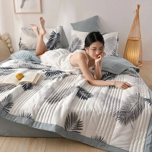 kawaiies-softtoys-plushies-kawaii-plush-Monochrome Palm Leaf Grey Polyester Quilt Blanket Set Home Decor 100x150cm (2pc) 