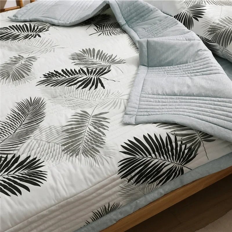 kawaiies-softtoys-plushies-kawaii-plush-Monochrome Palm Leaf Grey Polyester Quilt Blanket Set Home Decor 