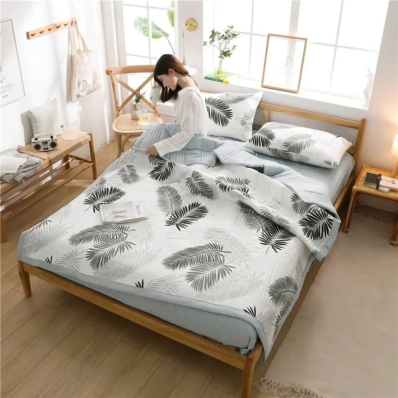 kawaiies-softtoys-plushies-kawaii-plush-Monochrome Palm Leaf Grey Polyester Quilt Blanket Set Home Decor 