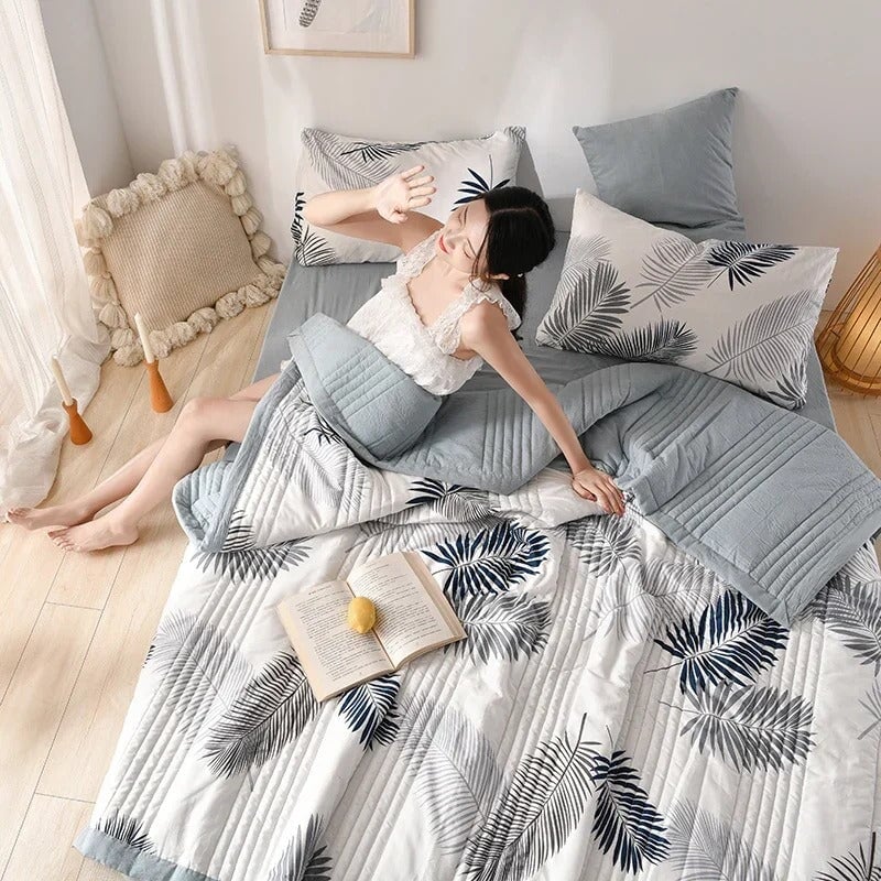 kawaiies-softtoys-plushies-kawaii-plush-Monochrome Palm Leaf Grey Polyester Quilt Blanket Set Home Decor 