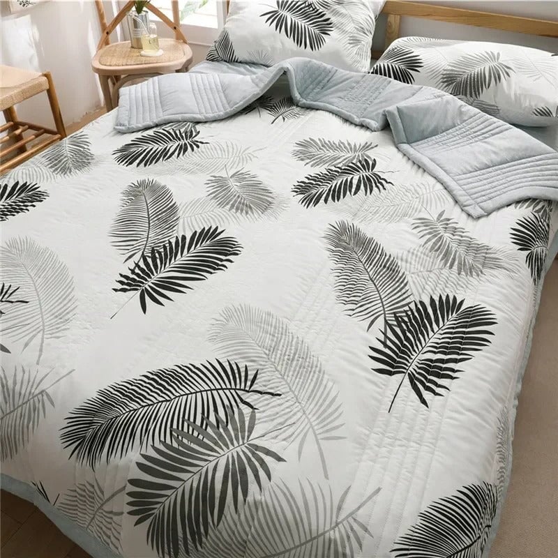kawaiies-softtoys-plushies-kawaii-plush-Monochrome Palm Leaf Grey Polyester Quilt Blanket Set Home Decor 