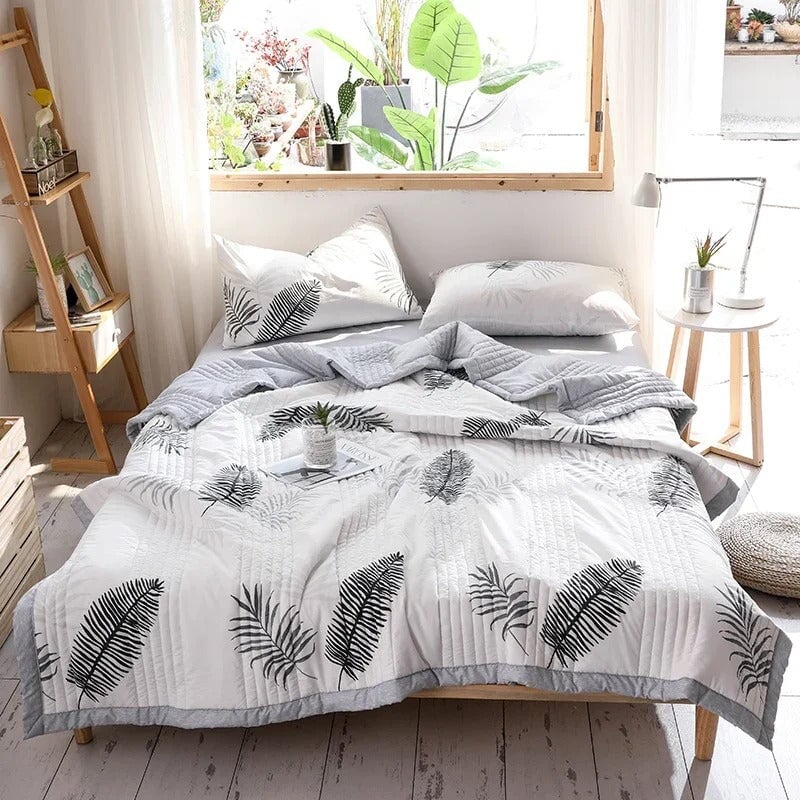 kawaiies-softtoys-plushies-kawaii-plush-Monochrome Palm Leaf Grey Polyester Quilt Blanket Set Home Decor 