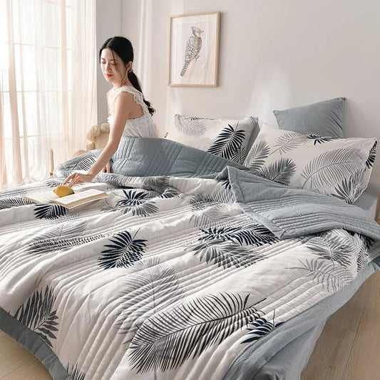 kawaiies-softtoys-plushies-kawaii-plush-Monochrome Palm Leaf Grey Polyester Quilt Blanket Set Home Decor 