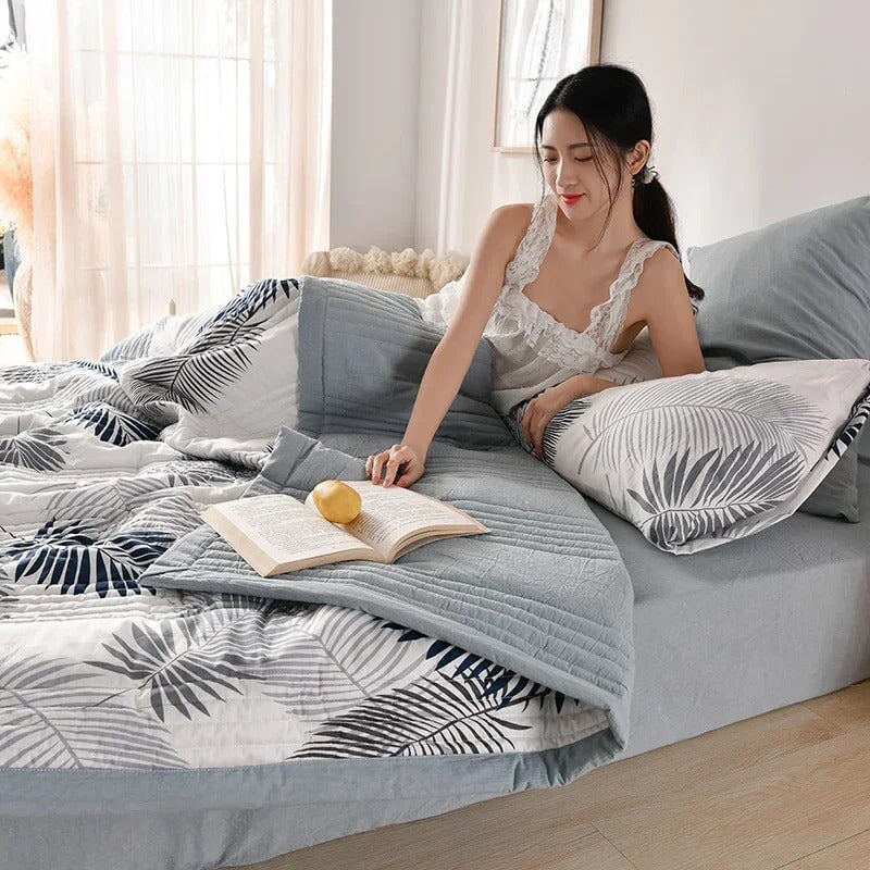 kawaiies-softtoys-plushies-kawaii-plush-Monochrome Palm Leaf Grey Polyester Quilt Blanket Set Home Decor 