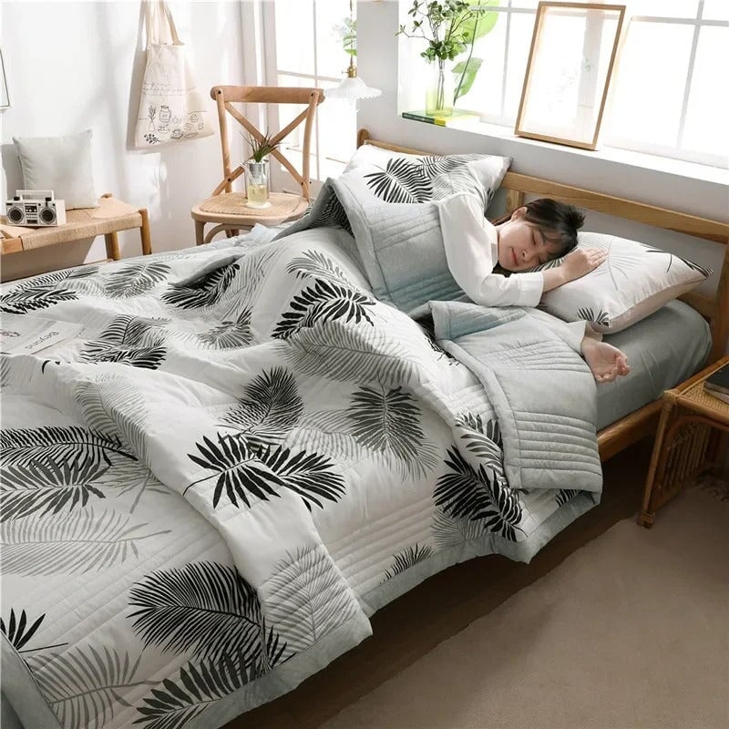 kawaiies-softtoys-plushies-kawaii-plush-Monochrome Palm Leaf Grey Polyester Quilt Blanket Set Home Decor 