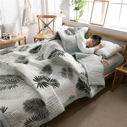 kawaiies-softtoys-plushies-kawaii-plush-Monochrome Palm Leaf Grey Polyester Quilt Blanket Set Home Decor 