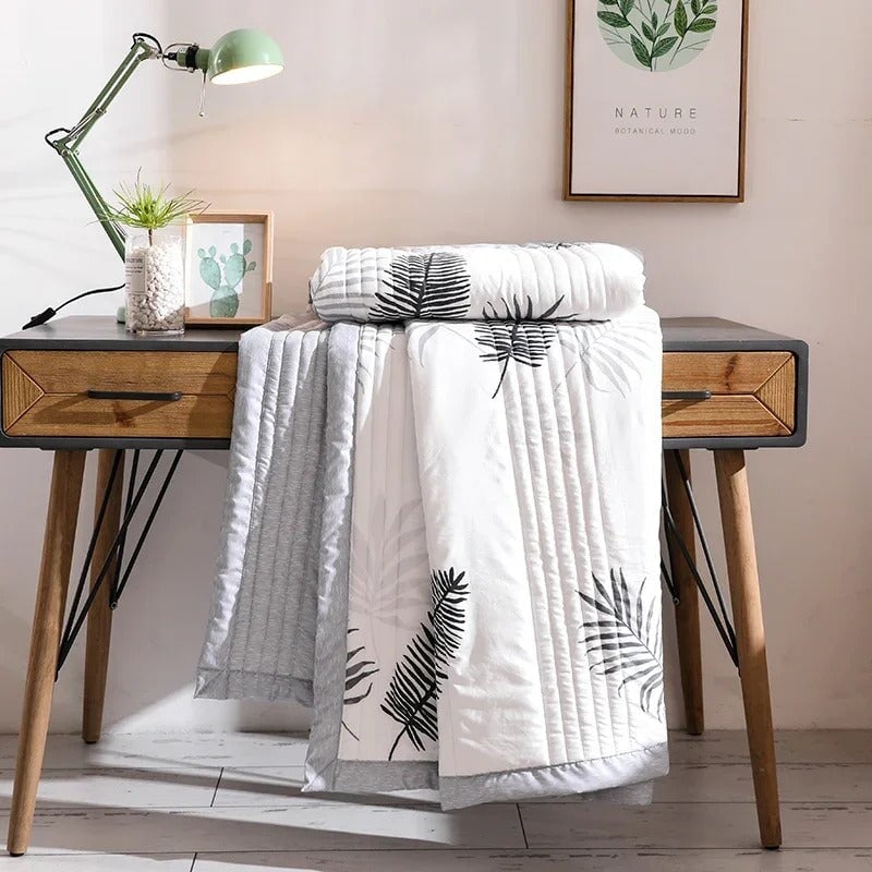 kawaiies-softtoys-plushies-kawaii-plush-Monochrome Palm Leaf Grey Polyester Quilt Blanket Set Home Decor 