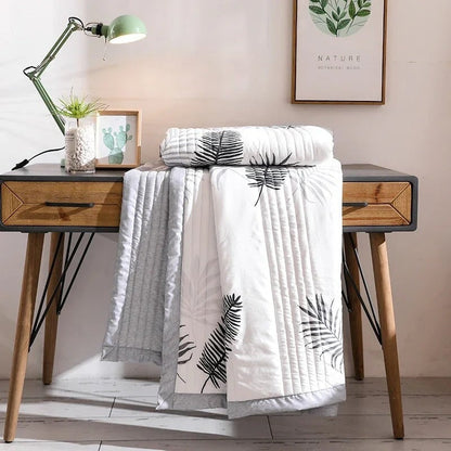 kawaiies-softtoys-plushies-kawaii-plush-Monochrome Palm Leaf Grey Polyester Quilt Blanket Set Home Decor 