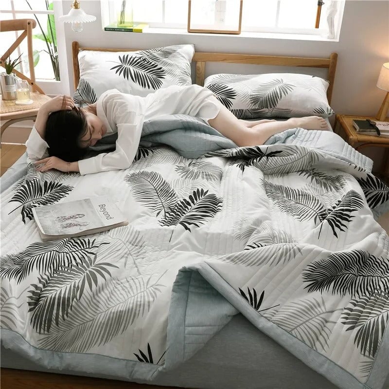 kawaiies-softtoys-plushies-kawaii-plush-Monochrome Palm Leaf Grey Polyester Quilt Blanket Set Home Decor 