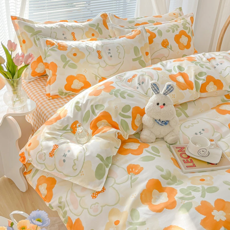 kawaiies-softtoys-plushies-kawaii-plush-Orange Blue Floral Kawaii Bunny 120gsm Polyester Bedding Set Bedding Sets 