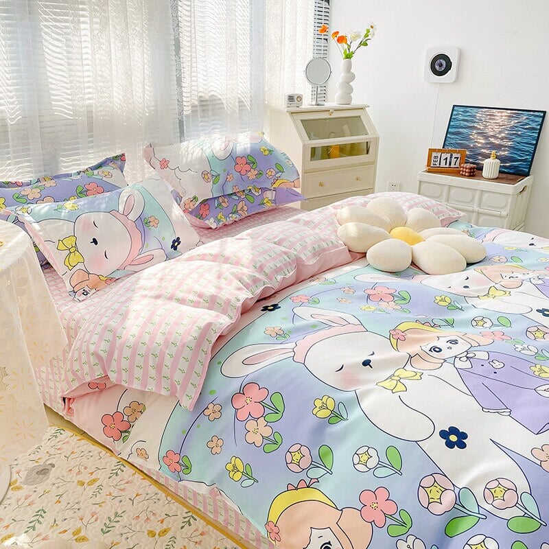 kawaiies-softtoys-plushies-kawaii-plush-Orange Blue Floral Kawaii Bunny 120gsm Polyester Bedding Set Bedding Sets Single Blue 