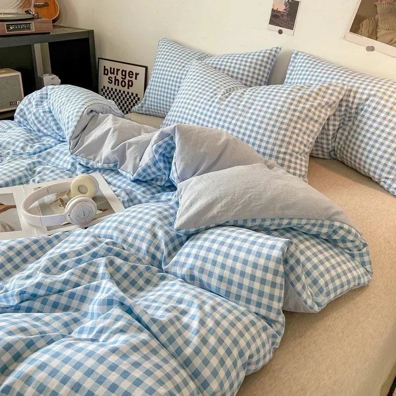 kawaiies-softtoys-plushies-kawaii-plush-Pastel Checked Plaid Bedding Set Collection without Bed Sheet Home Decor Blue Single 