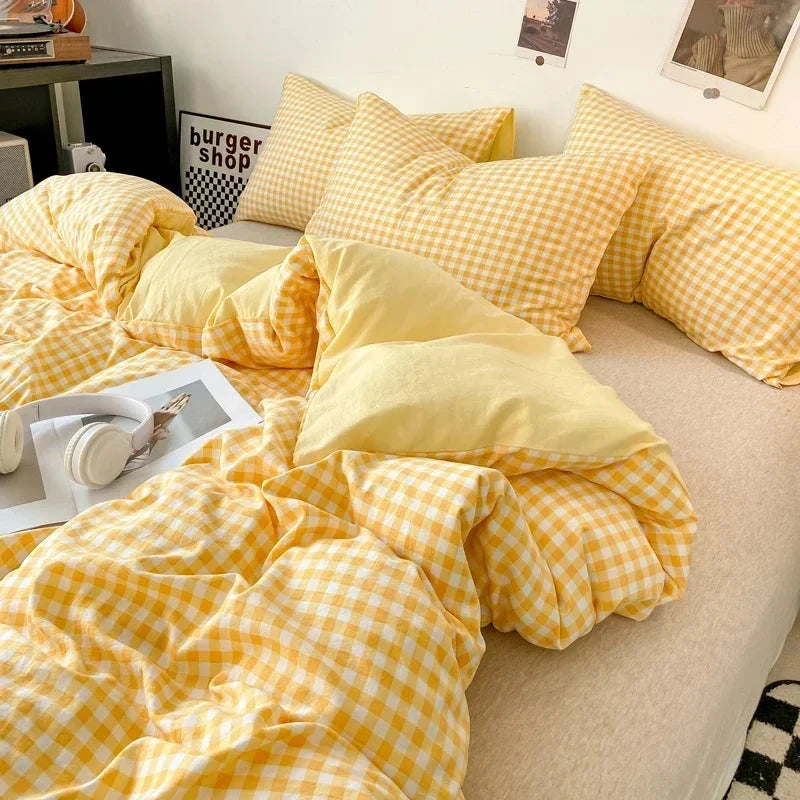 kawaiies-softtoys-plushies-kawaii-plush-Pastel Checked Plaid Bedding Set Collection without Bed Sheet Home Decor Yellow Single 