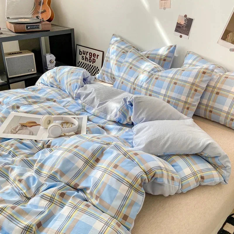 kawaiies-softtoys-plushies-kawaii-plush-Pastel Large Checked Bedding Set Collection without Bed Sheet Home Decor Blue Single 