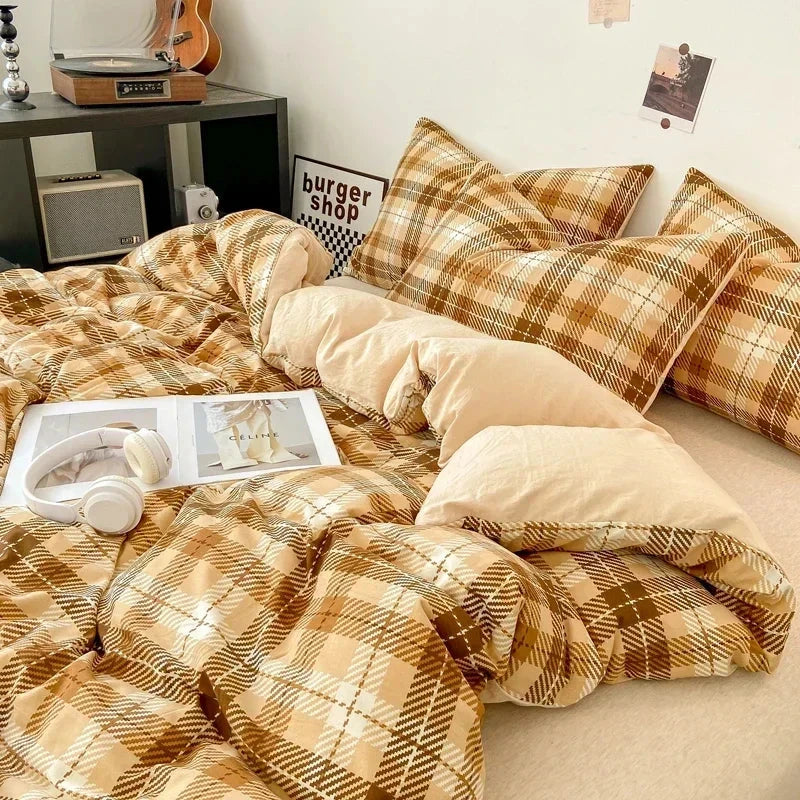 kawaiies-softtoys-plushies-kawaii-plush-Pastel Large Checked Bedding Set Collection without Bed Sheet Home Decor Dark Brown Single 