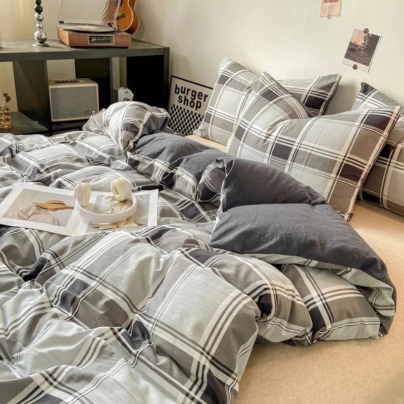 kawaiies-softtoys-plushies-kawaii-plush-Pastel Large Checked Bedding Set Collection without Bed Sheet Home Decor Dark Gray Single 