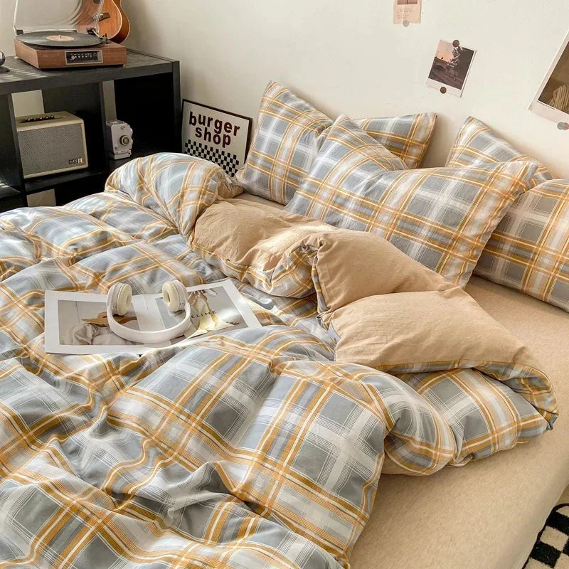 kawaiies-softtoys-plushies-kawaii-plush-Pastel Large Checked Bedding Set Collection without Bed Sheet Home Decor Light Brown Single 