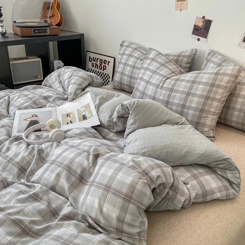 kawaiies-softtoys-plushies-kawaii-plush-Pastel Large Checked Bedding Set Collection without Bed Sheet Home Decor Light Gray Single 