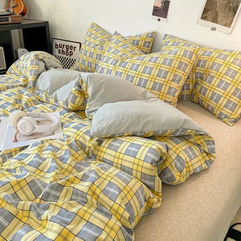 kawaiies-softtoys-plushies-kawaii-plush-Pastel Large Checked Bedding Set Collection without Bed Sheet Home Decor Yellow Single 