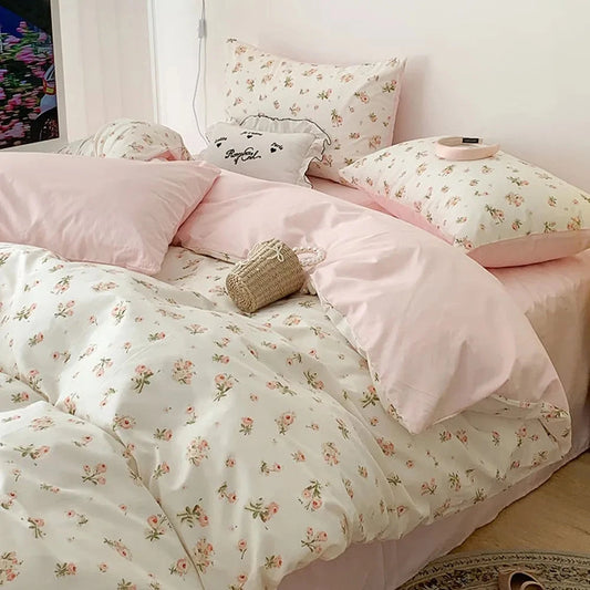 kawaiies-softtoys-plushies-kawaii-plush-Pastel Pink Floral Polyester Bedding Set with Bed Sheet Home Decor 