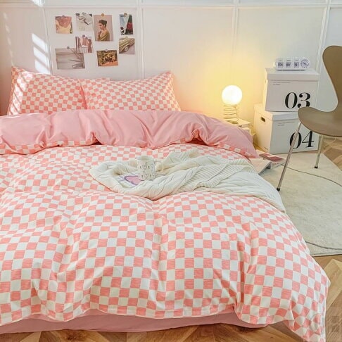 kawaiies-softtoys-plushies-kawaii-plush-Pastel Pink Purple Checked Plaid Bedding Set Bedding Sets 