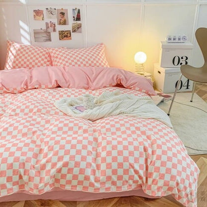 kawaiies-softtoys-plushies-kawaii-plush-Pastel Pink Purple Checked Plaid Bedding Set Bedding Sets 