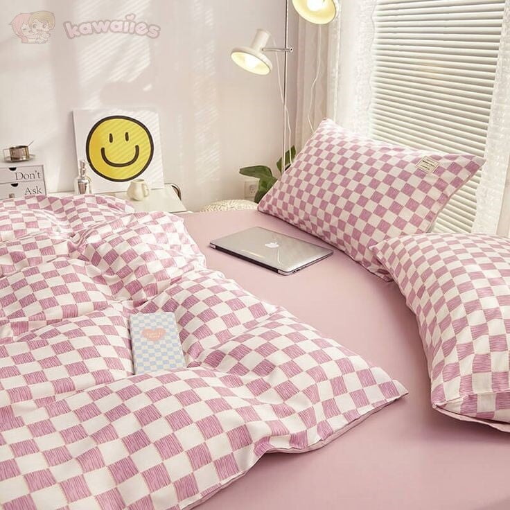 kawaiies-softtoys-plushies-kawaii-plush-Pastel Pink Purple Checked Plaid Bedding Set Bedding Sets 