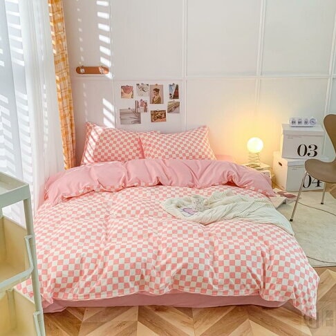 kawaiies-softtoys-plushies-kawaii-plush-Pastel Pink Purple Checked Plaid Bedding Set Bedding Sets 