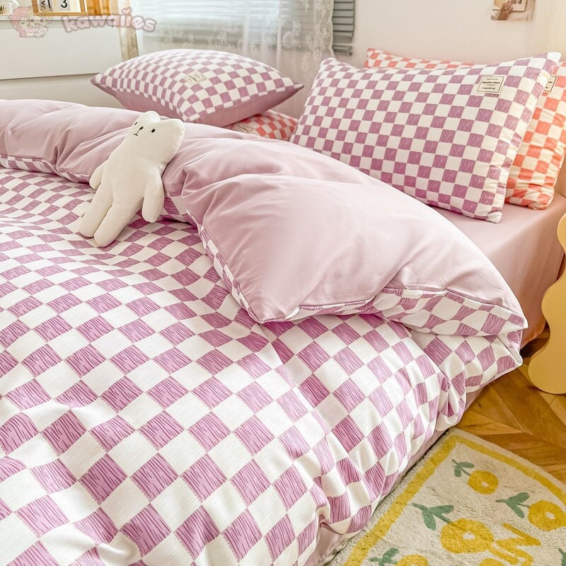 kawaiies-softtoys-plushies-kawaii-plush-Pastel Pink Purple Checked Plaid Bedding Set Bedding Sets 