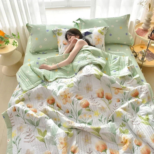 kawaiies-softtoys-plushies-kawaii-plush-Peachy Floral Green Daisy-Print Polyester Quilt Blanket Home Decor 100x150cm (2pc) 