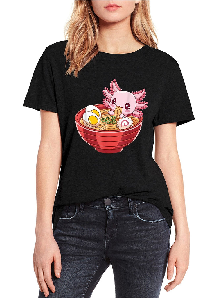kawaiies-softtoys-plushies-kawaii-plush-Pink Axolotl eating Ramen Women's Cotton Tee Apparel 