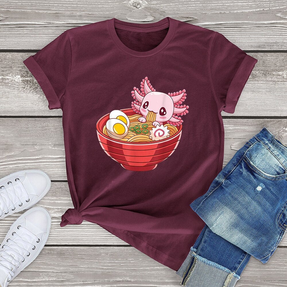 kawaiies-softtoys-plushies-kawaii-plush-Pink Axolotl eating Ramen Women's Cotton Tee Apparel Burgundy XS 