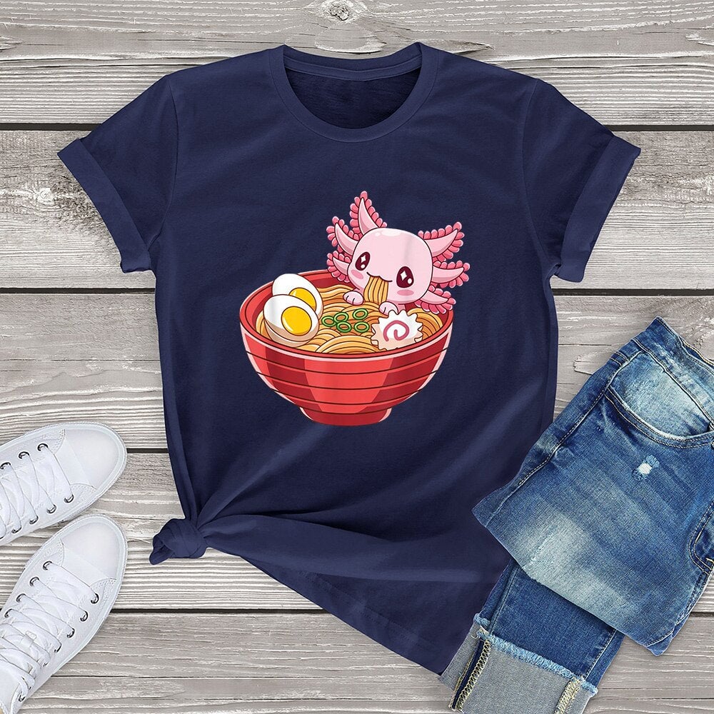kawaiies-softtoys-plushies-kawaii-plush-Pink Axolotl eating Ramen Women's Cotton Tee Apparel Navy XS 