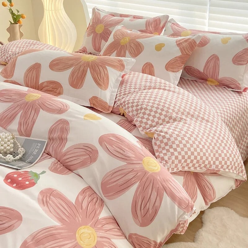 kawaiies-softtoys-plushies-kawaii-plush-Pink Daisy Strawberries Checkered Bedding Set with Bed Sheet Home Decor 