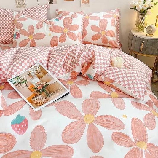 kawaiies-softtoys-plushies-kawaii-plush-Pink Daisy Strawberries Checkered Bedding Set with Bed Sheet Home Decor Twin 
