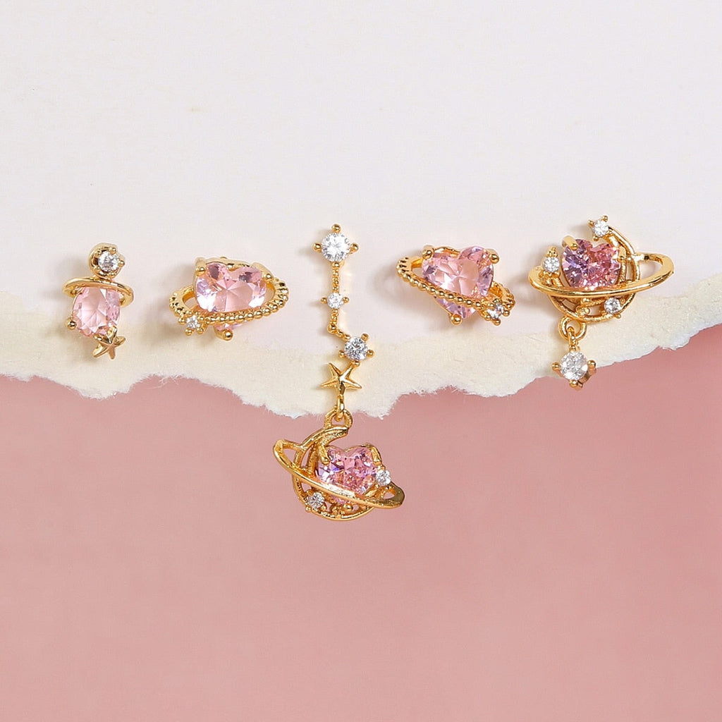 kawaiies-softtoys-plushies-kawaii-plush-Pink Heart Gold-Plated Asymmetric Stud Earrings | NEW Earrings 
