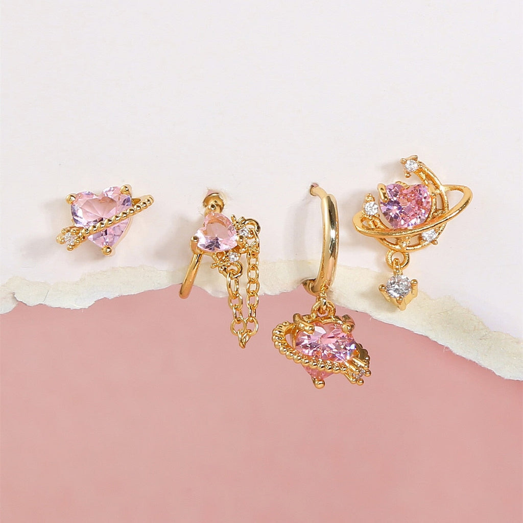 kawaiies-softtoys-plushies-kawaii-plush-Pink Heart Gold-Plated Asymmetric Stud Earrings | NEW Earrings Set of 4 