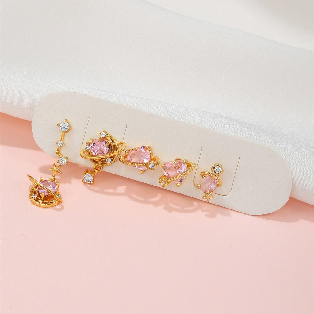 kawaiies-softtoys-plushies-kawaii-plush-Pink Heart Gold-Plated Asymmetric Stud Earrings | NEW Earrings Set of 5 