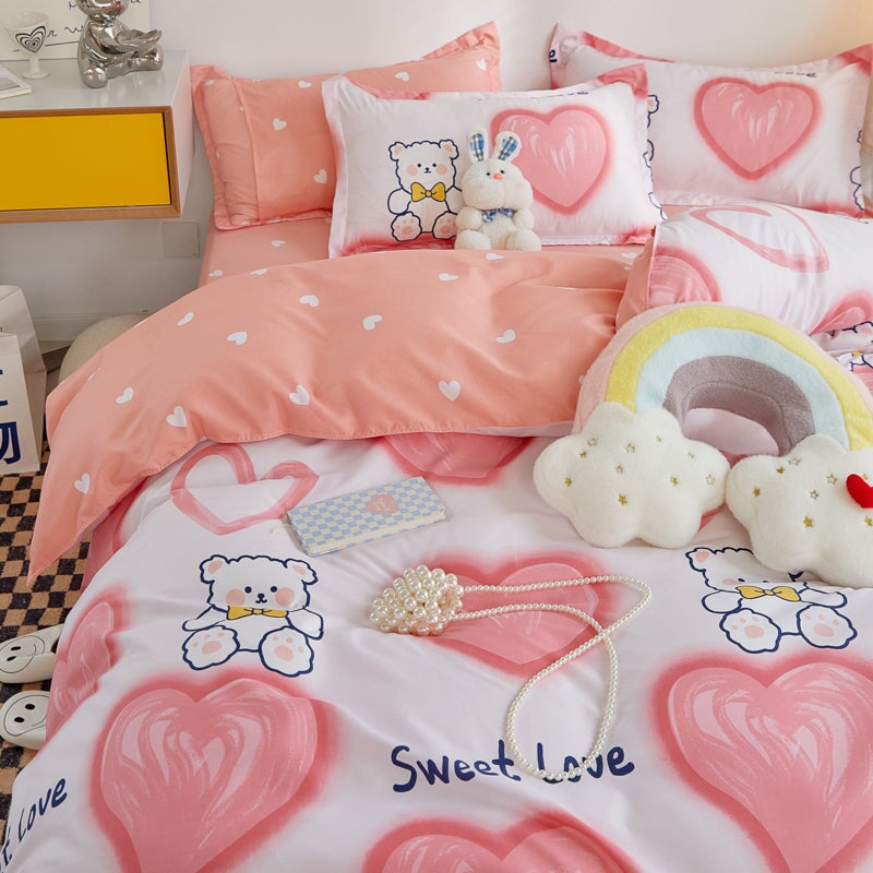 kawaiies-softtoys-plushies-kawaii-plush-Pink Hearts White Bear Polyester Bedding Set Bedding Sets 