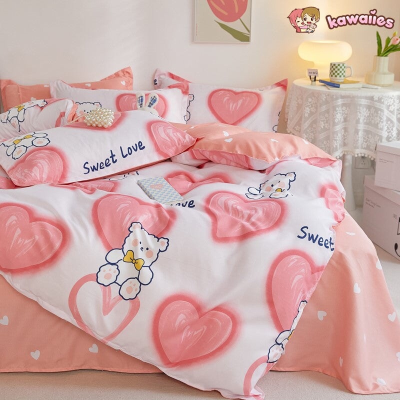 kawaiies-softtoys-plushies-kawaii-plush-Pink Hearts White Bear Polyester Bedding Set Bedding Sets 