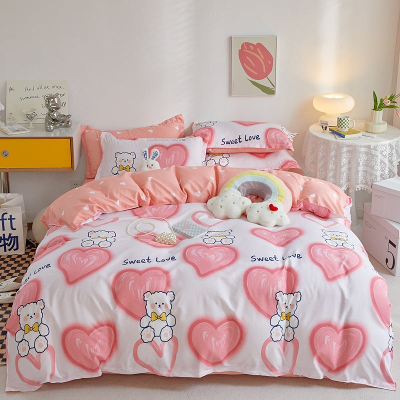 kawaiies-softtoys-plushies-kawaii-plush-Pink Hearts White Bear Polyester Bedding Set Bedding Sets Single 