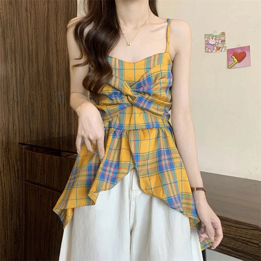 kawaiies-softtoys-plushies-kawaii-plush-Plaid-Patterned Bowknot Babydoll Cami Tops Apparel 