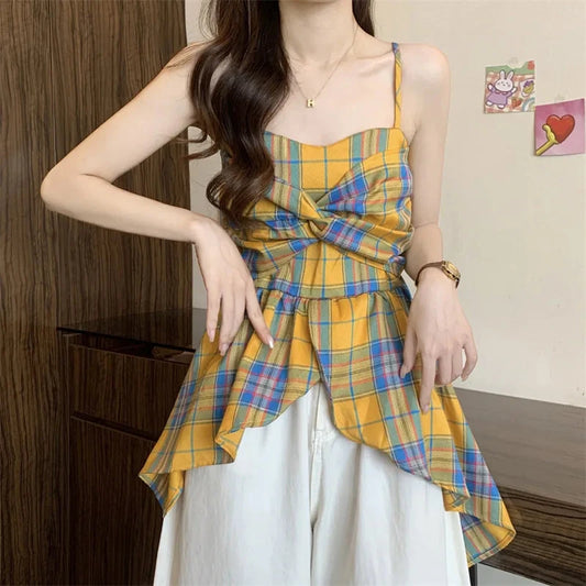 kawaiies-softtoys-plushies-kawaii-plush-Plaid-Patterned Bowknot Babydoll Cami Tops Apparel 