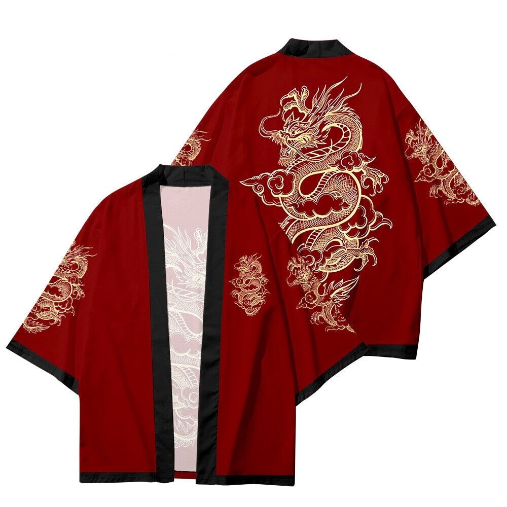 kawaiies-softtoys-plushies-kawaii-plush-Red Black Golden Dragon Outlined Unisex Kimono Kimono Red S 