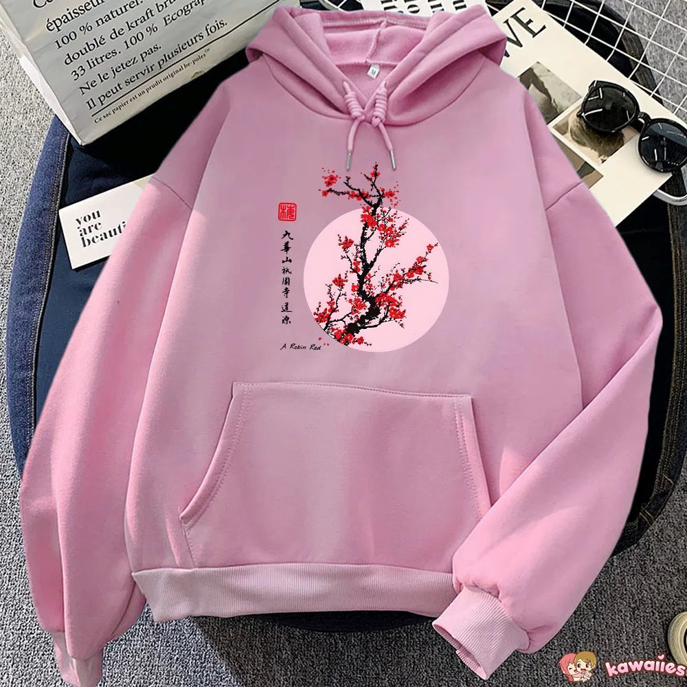 kawaiies-softtoys-plushies-kawaii-plush-Red Sakura Branch Moon Unisex Hoodie Apparel 